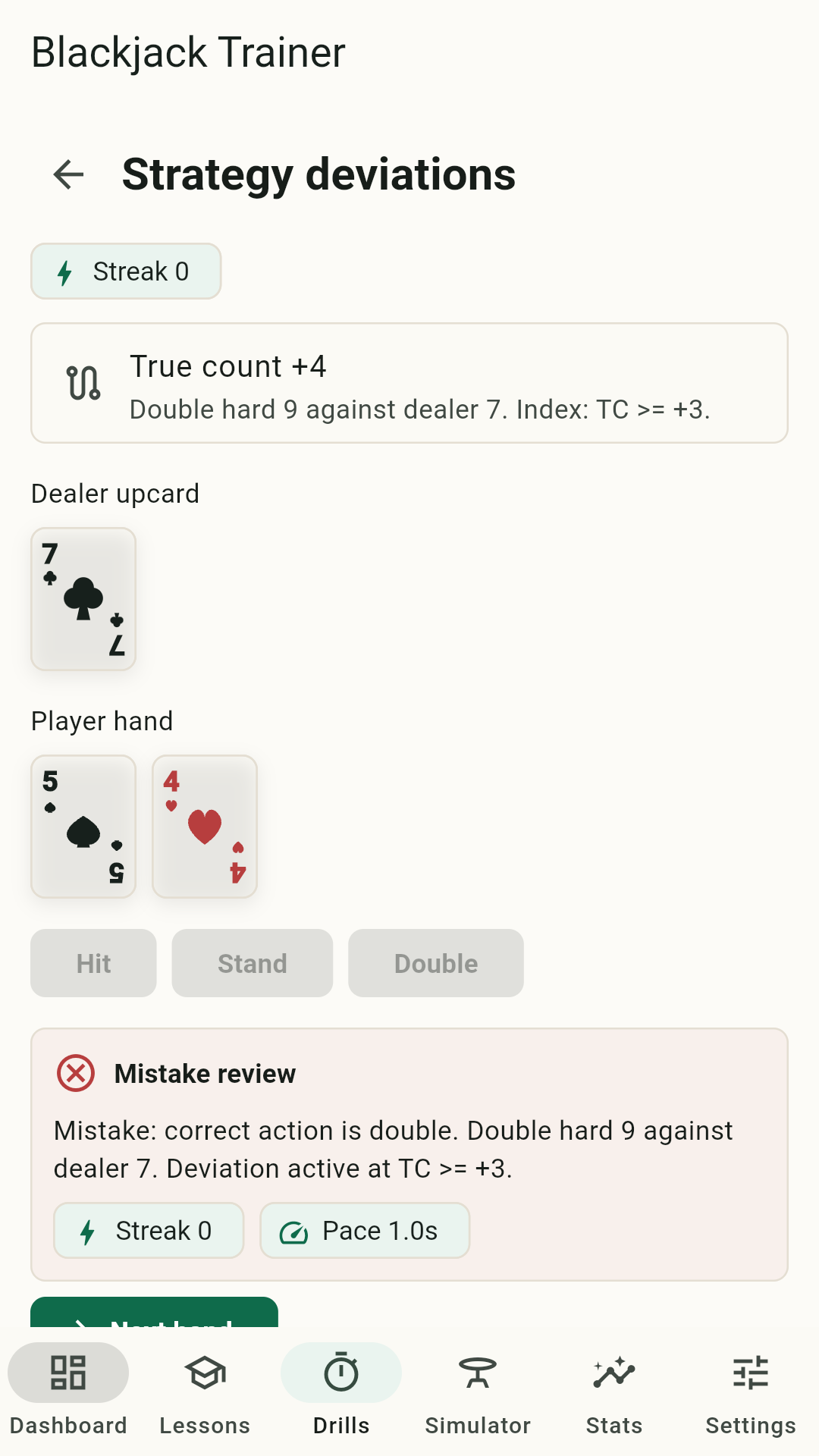Blackjack Trainer drill screen showing card faces, accuracy feedback, and the next-hand action.