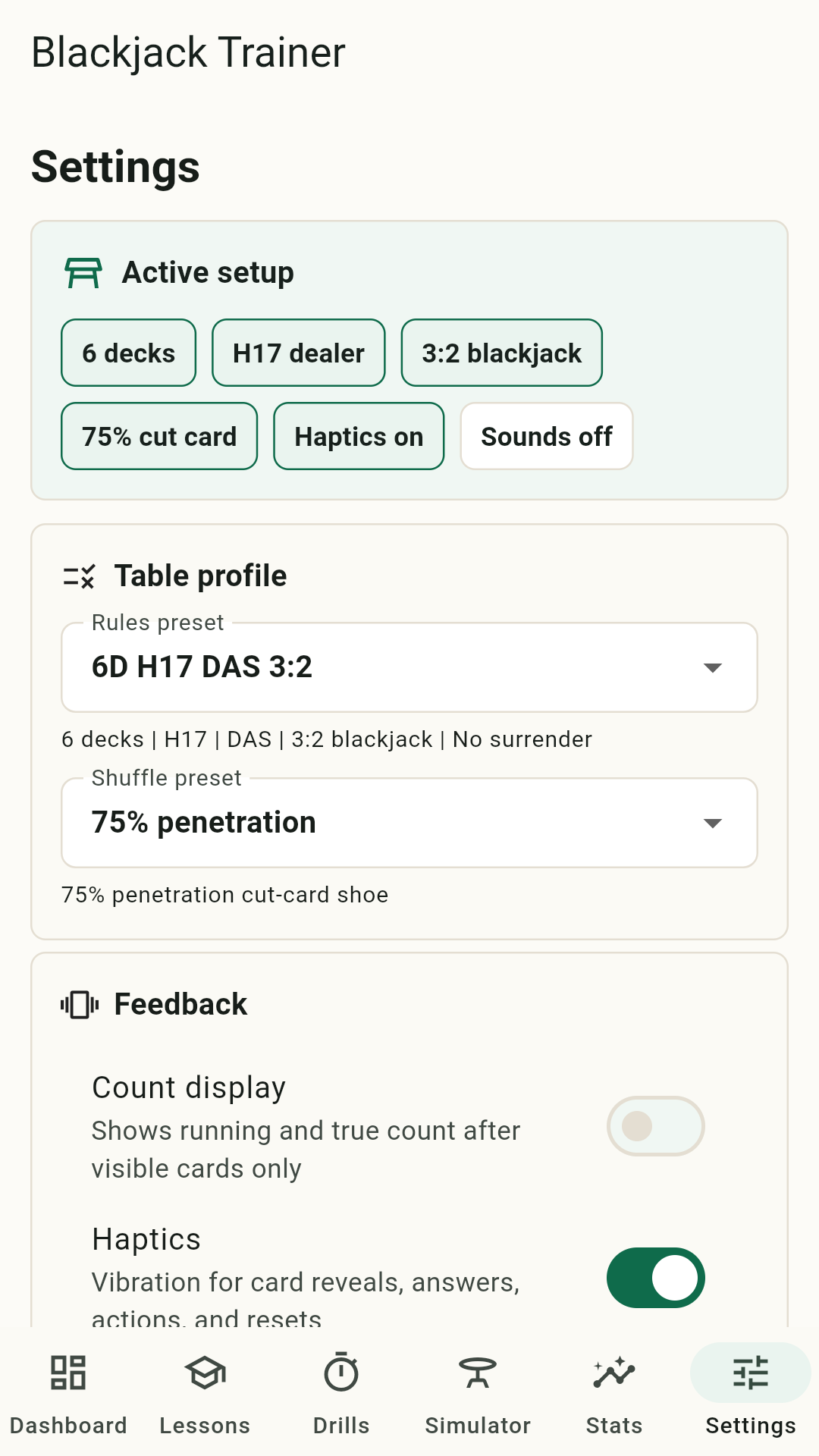 Settings screen showing local setup, privacy choices, haptics, and sound controls.