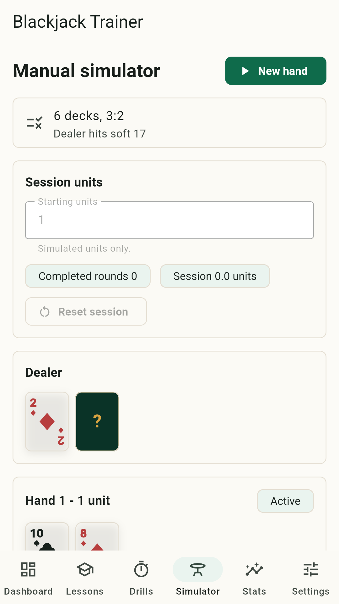 Manual simulator showing dealer cards, player hand, legal actions, and simulated units.