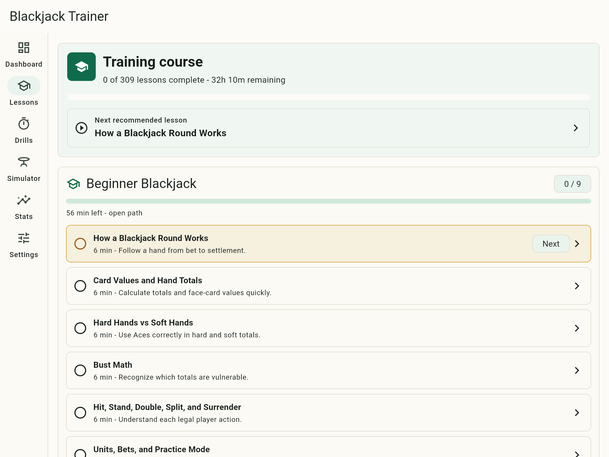 Tablet lesson screen showing course progress and guided learning flow.
